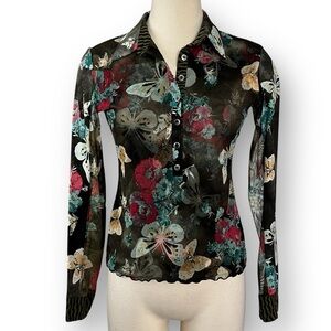 Vintage Y2K Anac Black Butterfly & Floral Mesh Long Sleeve Half Button Down Top